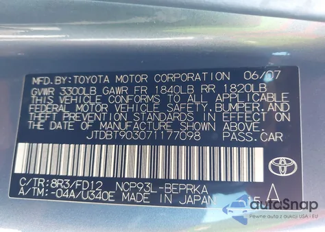 2007 Toyota Yaris из США, поврежденный, VIN JTDBT903071177098